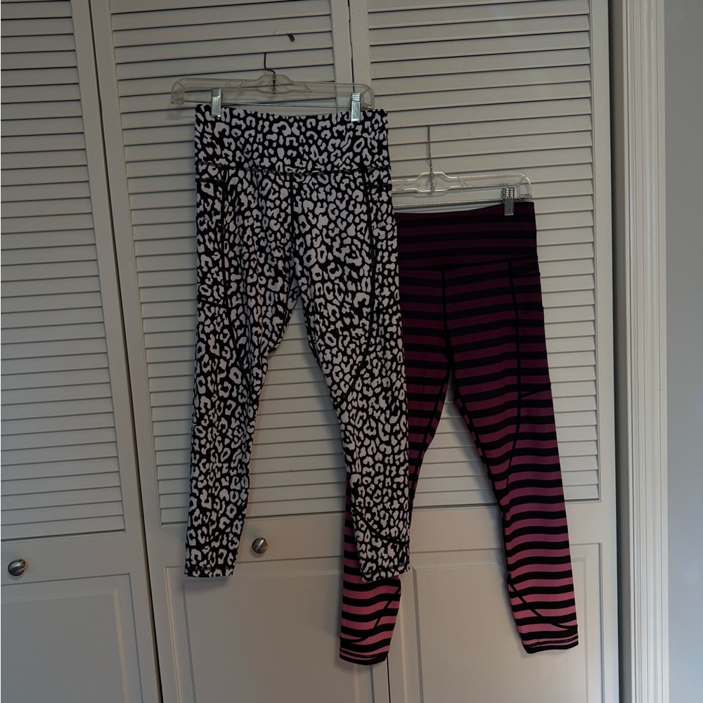 ZYIA Women’s Black and White Leopard Print & Black and Pink Striped Leggings